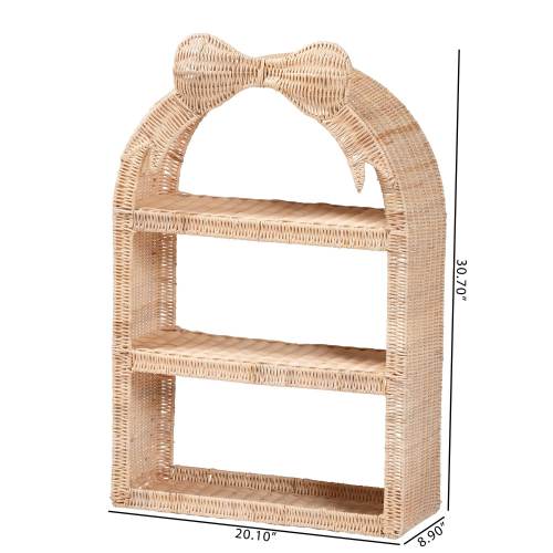 Creusa Natural Rattan Wall Shelf - 3-Tier Decorative Storage Rack with Arched Frame and Woven Bow Accent, Coastal Display Shelf