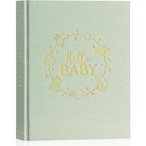 Lanpn Hello Baby Memory Book for Boy Girl - Linen Hardcover Baby Journal Book Keepsake for New Parents - Newborn Baby First 5 Year Scrapbook Photo Album Baby Milestone Book (Sage Green, 154 Pages)