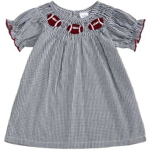 Toddler Girl Football Outfit Rugby Embroidery Plaid Smocked Dress