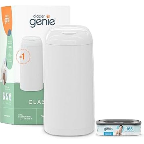 Diaper Genie Classic Pail Includes 1 Starter Square Refill That can Hold up to 165 Newborn-Sized Diapers.