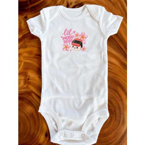 Lil Musubebe Baby Onesie, Adorable Kawaii Musubi Pun Baby Bodysuit, Hawaiian Plumeria, Baby Bodysuit Snap Bottom