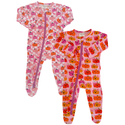 2-Way Zip Ruffle Footies 2-Pack, Pumpkin Girlies & Pumpkin Checkerboard Pink
