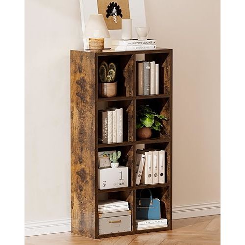 GTPLAYER 8-Cube Storage Organizer, Fits 11" Bins, Vertical or Horizontal Use, Opening Bookshelf, Partial Back Panels, Stackable Design Bookcase, for Living Room, Media Console, Hallway, Rustic Brown