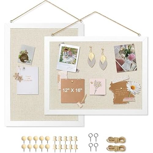 2-Pack Double-Sided Cork Board with Linen, 16" x 12" Hanging Wood Framed Bulletin Board, Picture Display Vision Board Kit Corkboards for Wall School Office Decor, 20 Pushpins (Vintage White)