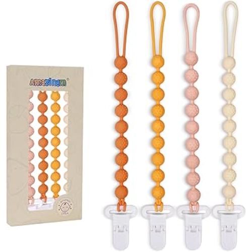 One Piece Design Silicone Pacifier Clip Holder,Pack of 4 Flexible Paci Leash,Binky Clips with Textures for Baby Boys and Girls,Newborn Essential (Yellow)