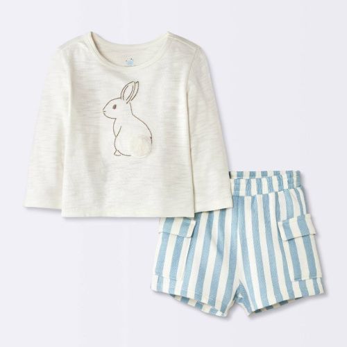 Baby Boys' 2pc Bunny Graphic Long Sleeve T-Shirt and Striped Cargo Shorts Set - Cloud Island™ Cream 6-9M