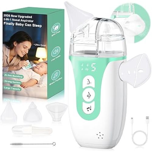 Nasal Aspirator for Baby,2-in-1 Smart Electric Nose Sucker, 2026 Upgraded with AI Anti-Backflow Protection,70Kpa Hospital-Grade Suction,15ml Large Capacity,5 Levels,Ultra-Quiet with Music-Green