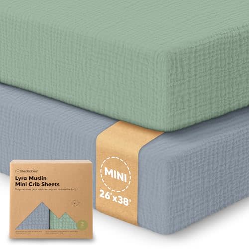 2-Pack Muslin Mini Crib Sheets for Boys, Girls - 38x26 Pack and Play Sheets Fitted, Organic Cotton, Compatible with Graco Pack N Play Mattress, Neutral Toddler Playard Bedding, Soft Breathable (Slate)