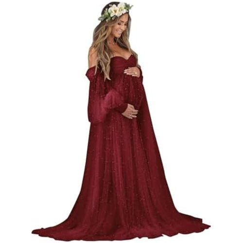 Molisa Women's Pearl Tulle Maternity Dress for Photoshoot Long Puffy Sleeve Off Shoulder Babyshower Bridal Pregnancy Gowns
