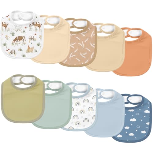 10 Pack Cotton Snap Bibs for Baby Boy Girl, Super Soft Drool Bibs for Teething and Feeding