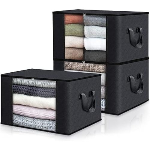Fab totes Storage Bags,Clothes Blanket Storage Bins Foldable Closet Organizers with Reinforced Handle for Home Dorm Storage and Organization,Fabric Bags for Organizing Sheets,Clothing (Black,3 Pack)