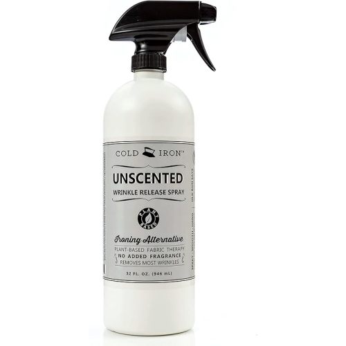 Cold Iron Wrinkle Release Spray for Clothes. 32 fl oz. Unscented/Fragrance Free. Plant Based Ironing Alternative. Fast, Easy to Use. Spray, Smooth, Hang. Award Winning Formula to Save You Time