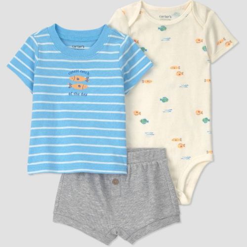 Carter's Just One You® Baby Boys' 3pc Goldfish T-Shirt with Bodysuit and Shorts Set - White/Blue 3M