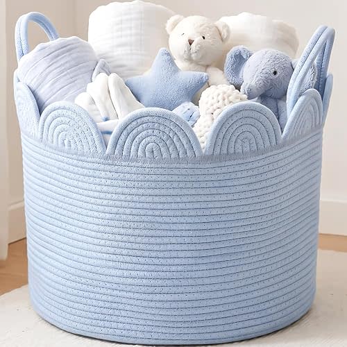 LemonRoad Round Woven Basket Blue, 16" L X 16" W X 14" H
