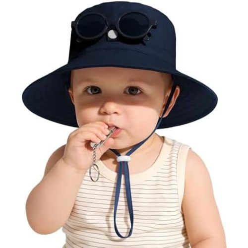 Zando UPF 50+ Baby Girls Boys Sun Hat with Sunglasses Whistle Sun Protection Infant Bucket Hat Newborn Toddler Beach Cap