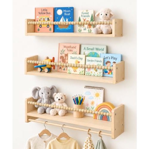 Maxpeuvon Kids Bookshelves for Wall, 23 Inch Natural Wood Floating Shelves | Long Nursery Shelves with Towel Bar, Set of 3,Wall Storage for Books, Toys and Decor, for Kids Room, Bedroom, Living Room