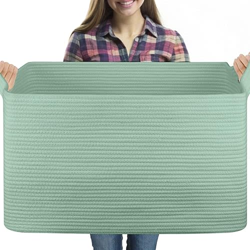 95L Extra Large Blanket Basket, 24" x 16.9" x 14.2" Woven Storage Basket for Living Room, Rectangle Nursery Blanket Storage for Toys, Towels, Dirty Clothes (Green)