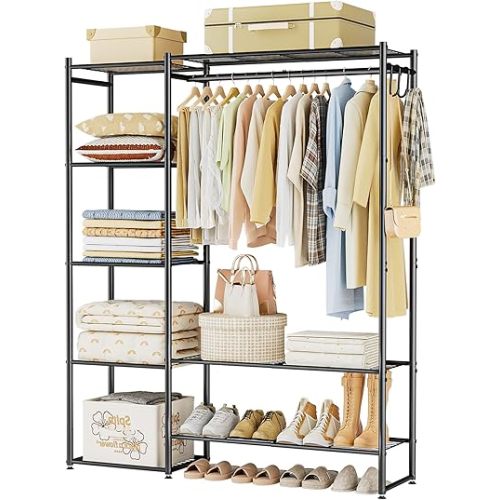 Neprock Wardrobe Closet, Portable Clothing Rack for Hanging Clothes, Free Standing Closet Organizers and Storage System with 4 Tiers Shelves for Cloakroom Bedroom, Black