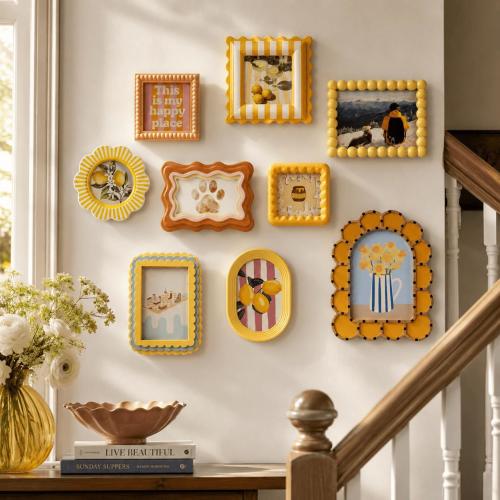 Yellow Picture Frame Set, Scalloped Beaded Photo Frames, 4x4 4x6 5x7 Tabletop or Wall Decor