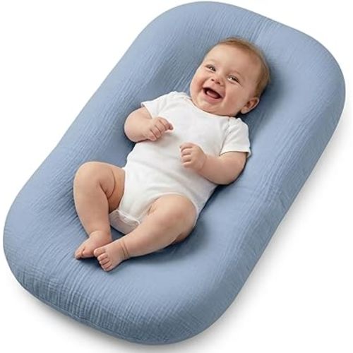 Infant Support Mat, Muslin Cotton Cover, Supportive Tummy Time Mat for Supervised Awake Use, Lightweight Portable Baby Activity Mat (0-24 Months), Blue-Gray