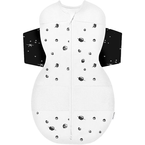 Happiest Baby SNOO Sleep Sack - 100% Organic Cotton Baby Swaddle Blanket - Doctor Designed Promotes Healthy Hip Development (Ivory Planets Black Wings, Small)