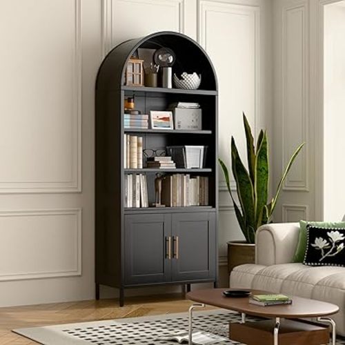 73 in Tall Metal Arched Bookcase, 5-Tier Arched Bookcase with Doors, Modern Farmhouse Bookshelf with 2 Adjustable Shelves, Pantry Display Cabinet for Living Room, Black, Assembly Required