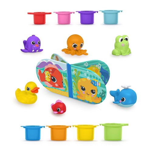 Bright Starts Splash, Splash Baby 15pc Bath Set - Waterproof Book, Rubber Ducky, Animal Toys and Stacking Cups, Unisex, 6 months+