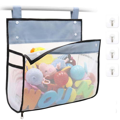 Bath Toy Organizer Multiple Ways to Hang, Extra Large Opening Bathroom Toy Holder, Bottom Zipper Bathtub Toy Storage Bag (Blue)