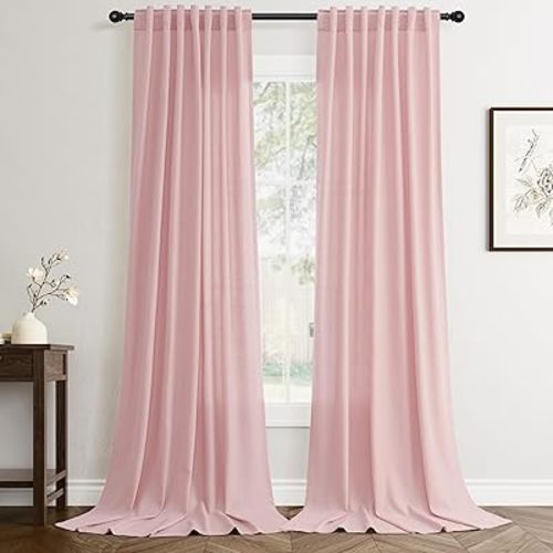 Pink Linen Curtains 84 inch Length 2 Panels Set Modern Farmhouse Living Room Drapes Light Filtering Rod Pocket Back Tab Filtering Privacy Semi Sheer Curtain 84 inches Long