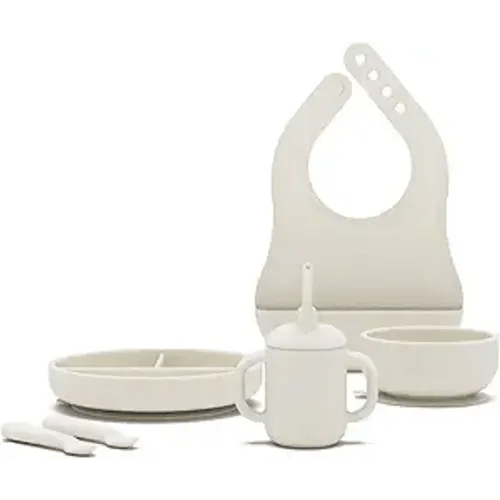 Lalo First Bites Silicone Baby Feeding Set - Baby Led Weaning Supplies - Non-Toxic Silicone - Includes 1 Bib, 2 Spoons, Training Cup, Suction Plate and Bowl - 6 Pieces - Oatmeal