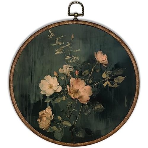 XBBMGG Vintage Floral Wall Art Decor, Dark Green Cottagecore Round Wall Hanging Decor, Antique Moody Rustic Botanical Flower Framed Canvas Prints for Home Bedroom Living Room Decorations, 10x10inch