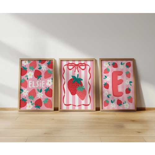 Personalised Strawberry Print Set: Girls Bedroom Wall Art