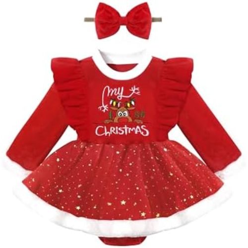 NAPU Baby Girl Christmas Outfit - Ruffle Long Sleeve My 1st Christmas Dress with Headband