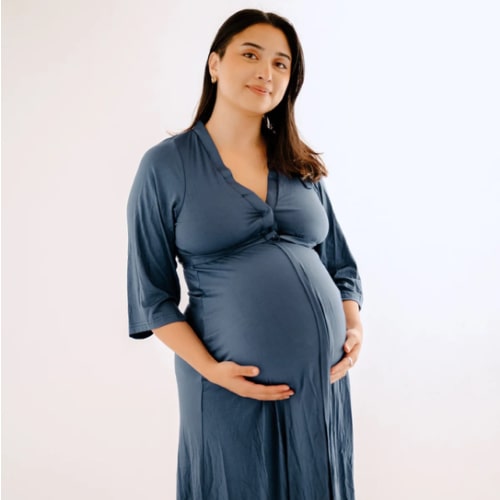 Lila Labor & Postpartum Gown in Midnight Blue. SIZE: SLIM/ PETITE