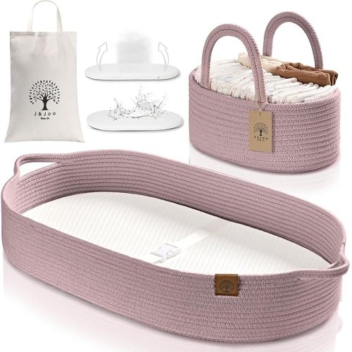 Baby Changing Basket Includes Diaper Caddy - Soft & Waterproof Dual-Cover, Portable, Changing Pad for Dresser & Changing Table, Gift for Baby Shower, Organic Cotton Rope