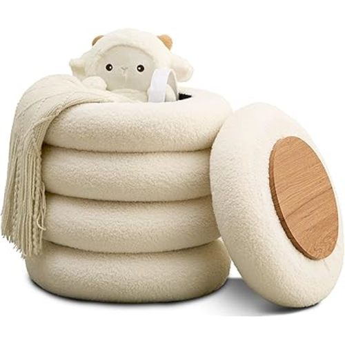 Wimarsbon Round Storage Ottoman, Modern Sherpa Footstool, Teddy Vanity Stool with Flip-Top Tray, Makeup Chair for Home Decor, Upholstered Footrest for Living Room & Bedroom (White S)