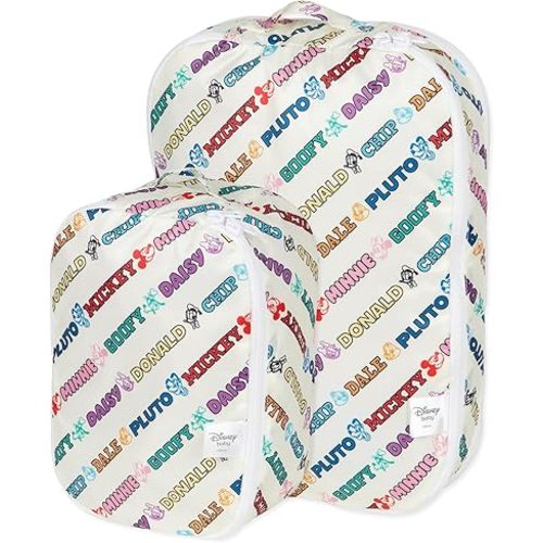 Bumkins Disney Packing Cubes for Travel, Organize Luggage with Compression Bags, Essential Traveling Accessories, Carry On Suitcase for Clothes or Toiletries, Set of 2 Sizes, Mickey and Friends White