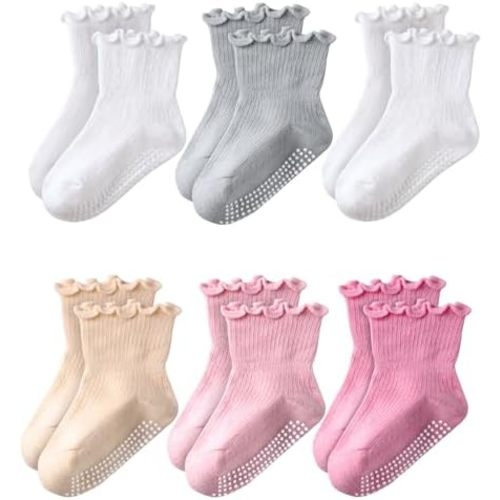 H HOME-MART 6 Pairs Baby Non Slip Grip Socks, Breathable Cotton Ankle Floor Socks for Infant Toddler Boys Girls