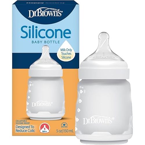 Dr. Brown's Silicone Baby Bottle with Collapsible Insert Designed to Reduce Colic, 5 oz with Wide-Neck Level 1 Slow Flow Nipple, BPA-Free, 0m+, White, 1-Pack
