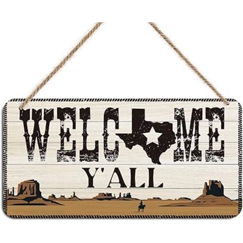 Texas Western Welcome Sign Wall Decor - Welcome Y'all, Cowboy Desert Landscape Wooden Wall Art, Rustic Hanging Plaque for Home Farmhouse Porch, Housewarming Gift