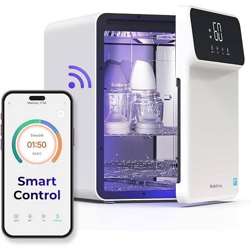 HubiBaby Smart UVC LED Baby Bottle Sanitizer and Dryer, App Control & Custom Time Settings, XL Capacity for 18 Bottles and Pump Parts, Made in Korea