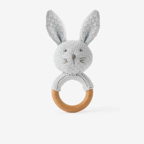 Pale Blue Knit Cotton Bunny Ring Rattle – Elegant Baby