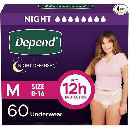 Depend Night Defense Adult Diapers, Incontinence & Postpartum Bladder Leak Underwear for Women, Disposable, Overnight, Medium, Blush, 60 Count (4 Packs of 15), Packaging May Vary