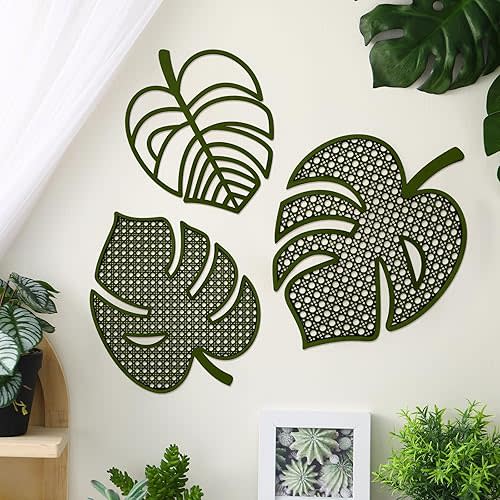 Lineshading 3 Pcs Wooden Rattan Palm Tree Wall Decor Monstera Leaf Wooden Boho Art Tropical Plant Rattan Wall Decor for Home Bathroom(Green)