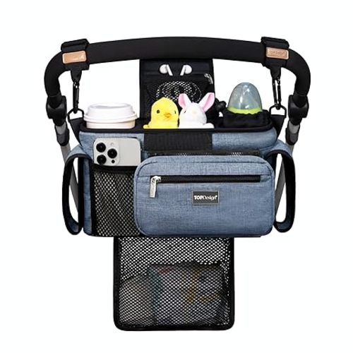 TOPDesign Universal Baby Stroller Organizer, Stroller Caddy with Detachable Mesh Bag & Heightened Insulated Cup Holders & Non-Slip Secure Hooks Accessories, Fits Most Strollers (Blue)
