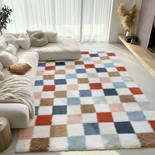Pentantan Shag Area Rug, 8’ x 10’ Classic Checkered Soft Fluffy Indoor Rugs for Living Room Bedroom Carpet, White & Blue