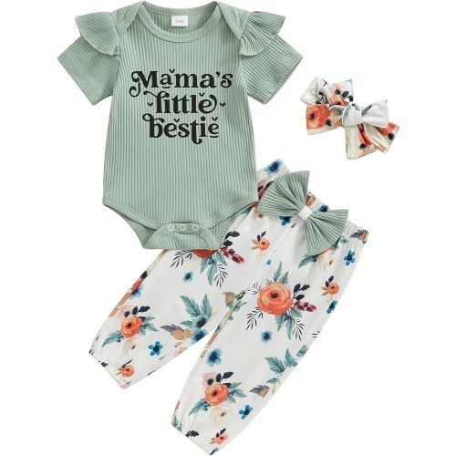 Adobabirl Newborn Baby Girl Clothes Short Sleeve Ribbed Romper Onesie Bowknot Floral Pants Headband 3Pcs Clothing Set
