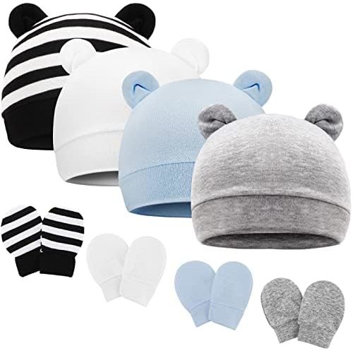 Newborn Baby Hat and Mittens Set Bear Ears Toddler Infant Beanie Caps Newborn Hospital Hat for Baby Boy Girl 0-3 Months