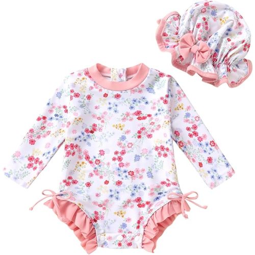 Infant Baby Swimsuit Girl Long Sleeve UPF 50+ Sun Protection One-Piece Rash Guard with Hat Zipper Bathing Suit