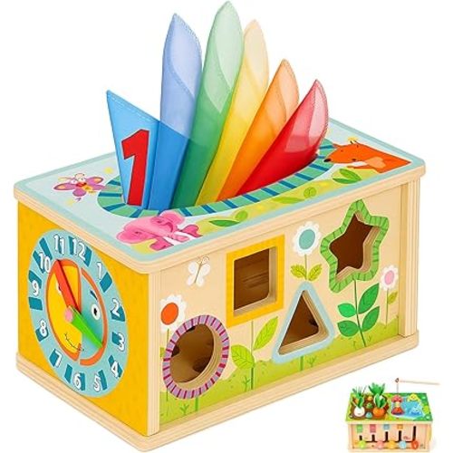 6-in-1 Montessori Baby Tissue Box Toy, Wooden Activity Cube for 6+ Months, Color & Shape Sorter Puzzles Sensory Toys for 12-18 Months. Baby Early Education Fine Motor Skills Gift for Toddlers 1-3